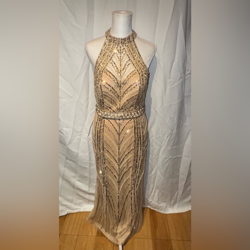 Aspeed Gold and Cream Sequin Halter Cocktail Dress